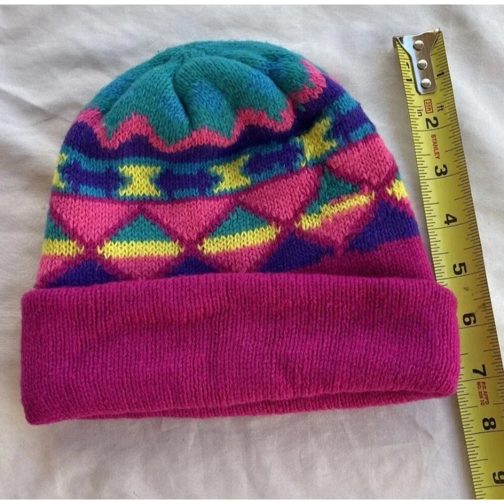 Vintage 90s Fleece Lined Acrylic Navajo Aztec Teal Purple Geometric Beanie Girls